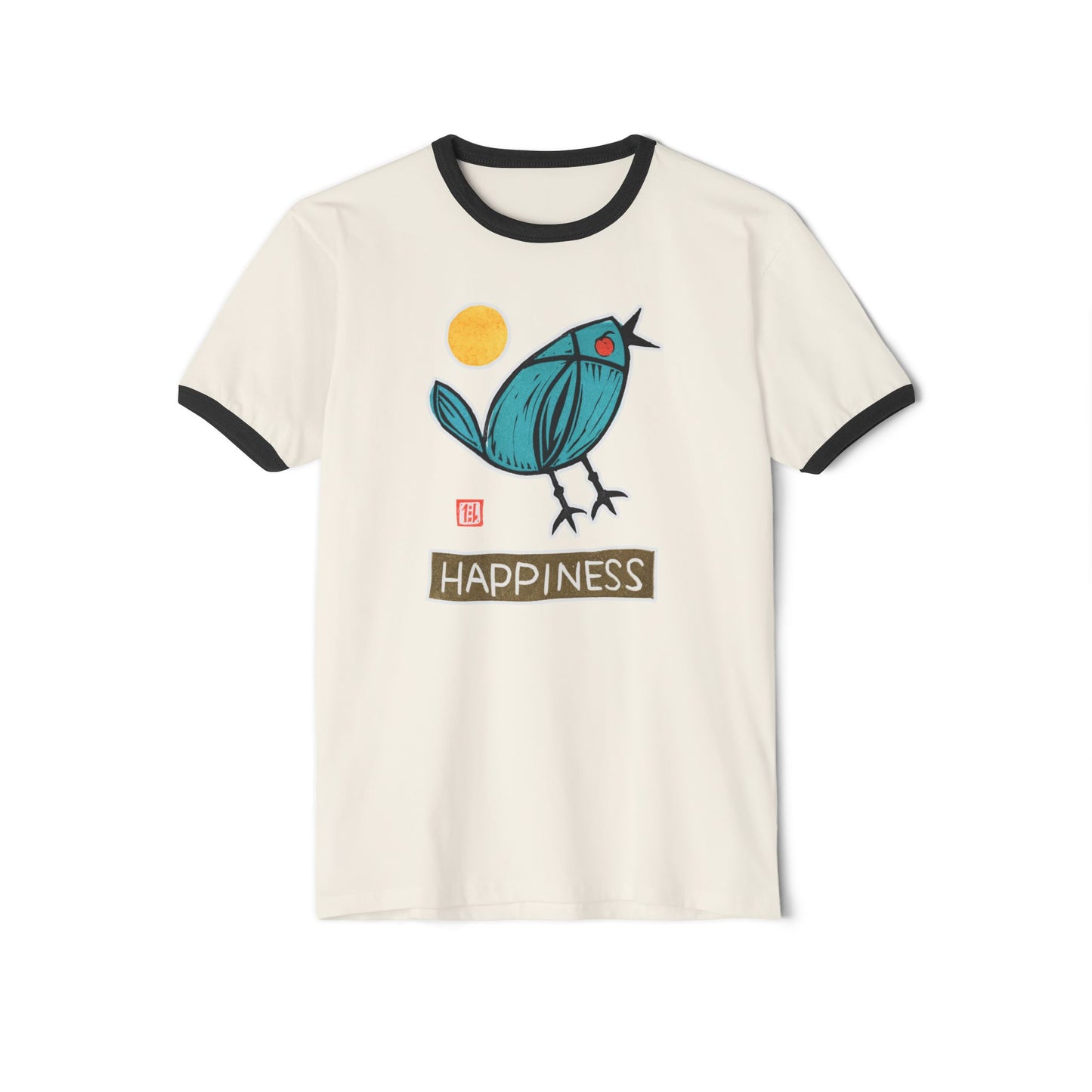 Vintage Style Bird Shirt | "Happiness" Cotton Ringer | Cute Whimsical Graphic Tee