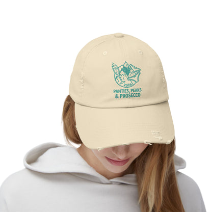 Distressed Cap — 'Panties, Peaks & Prosecco' Embroidered Mountain Hat